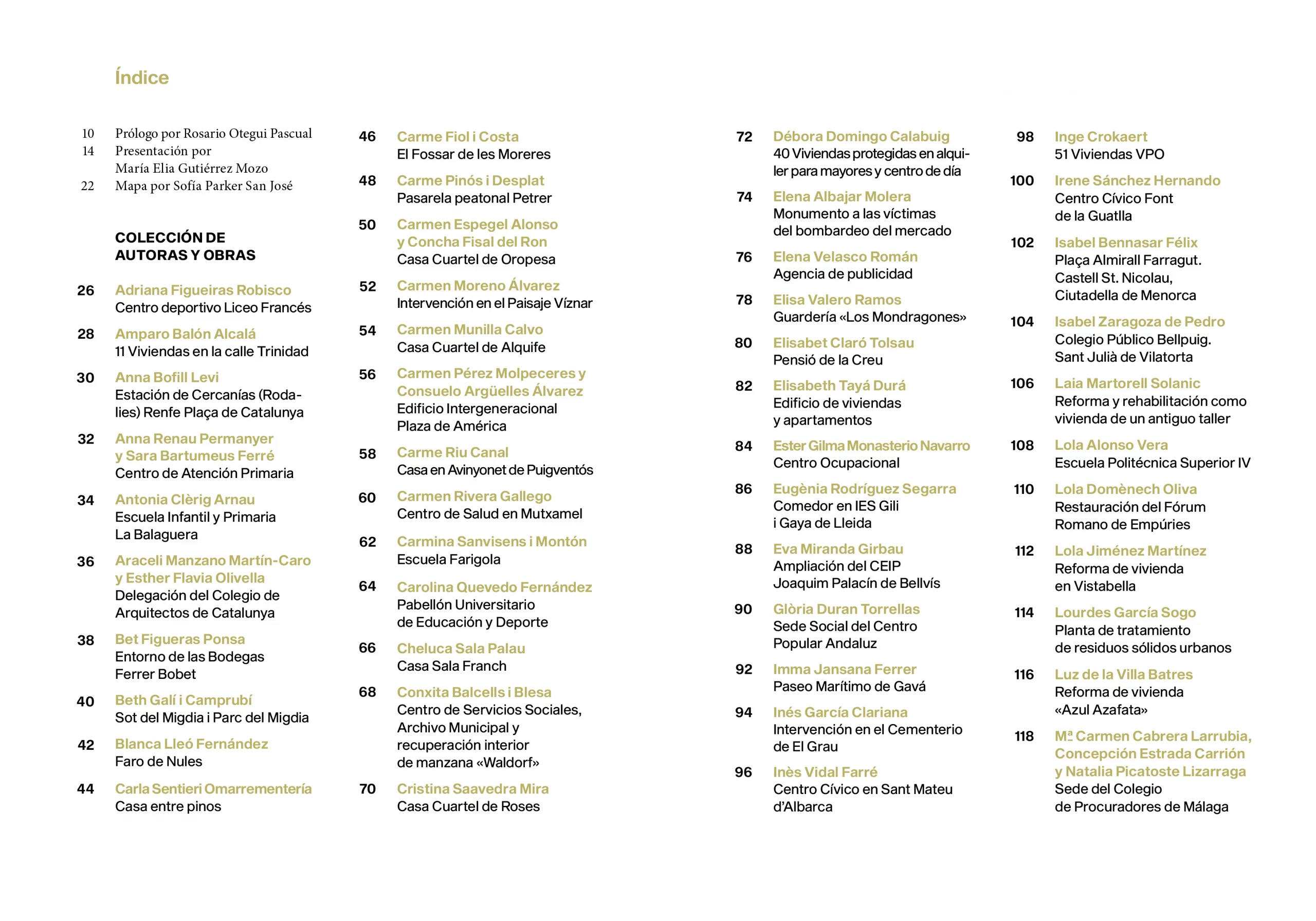 Índice de contenidos del libro "Mediterráneas", que registra arquitectura hecha por mujeres entre 1978 y 2008.